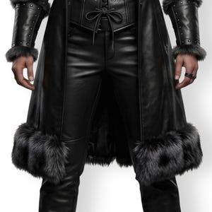 Women’s black Viking leather fur coat costume featuring a dramatic fur-trimmed collar, fitted lace-up front, long sleeves, structured cuffs, and a long medieval warrior silhouette. Handmade Shieldmaiden-inspired outfit for Halloween, Viking cosplay, LARP events, Renaissance fairs, medieval festivals, fantasy conventions, Gothic parties, winter events, stage performances, themed photoshoots, and Norse warrior looks. Custom sizing, color options, and made-to-order craftsmanship available for you.