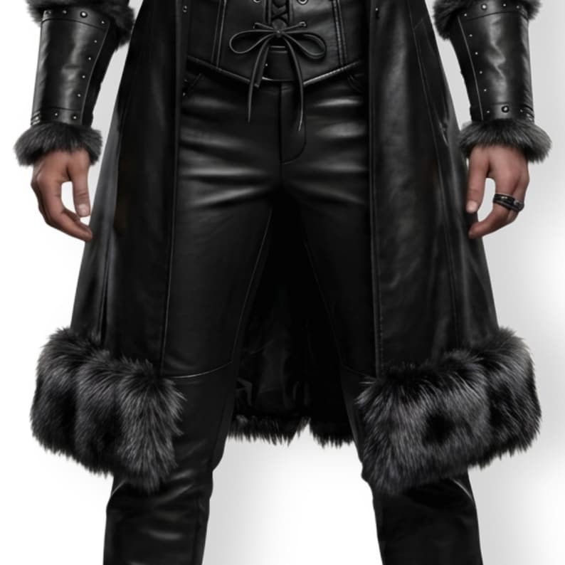 Women’s black Viking leather fur coat costume featuring a dramatic fur-trimmed collar, fitted lace-up front, long sleeves, structured cuffs, and a long medieval warrior silhouette. Handmade Shieldmaiden-inspired outfit for Halloween, Viking cosplay, LARP events, Renaissance fairs, medieval festivals, fantasy conventions, Gothic parties, winter events, stage performances, themed photoshoots, and Norse warrior looks. Custom sizing, color options, and made-to-order craftsmanship available for you.