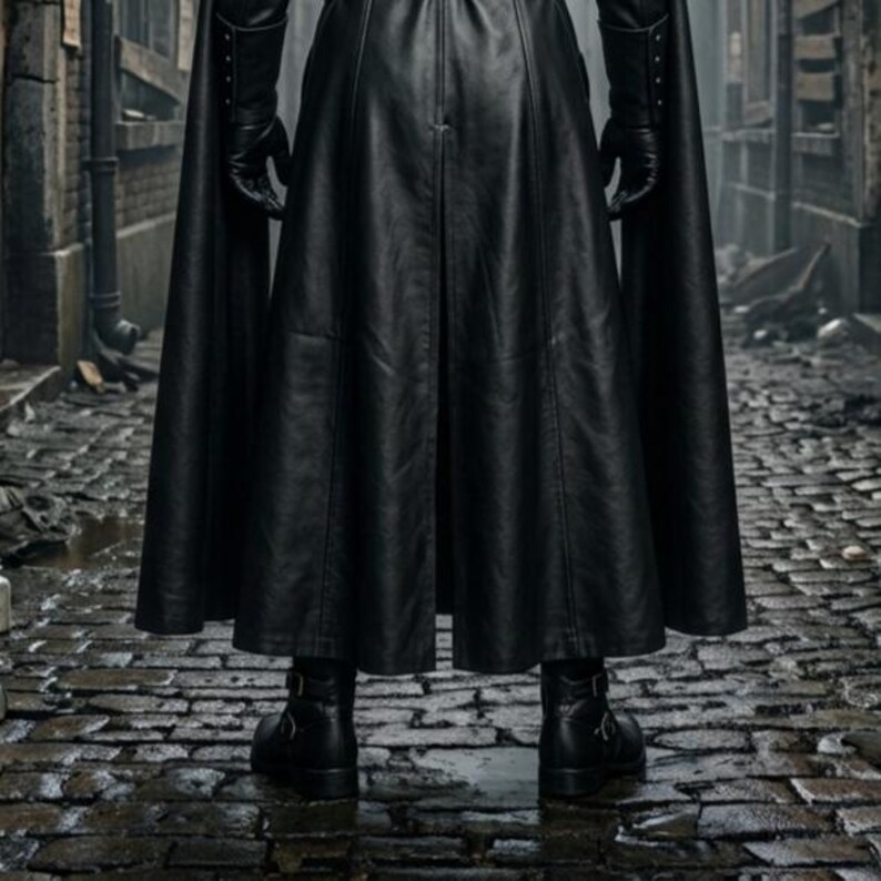 Men’s black leather Plague Doctor costume featuring a long double-breasted gothic coat, white fur shoulder collar, flowing black cape, matching leather pants, gloves, black boots, wide-brim hat, and classic beaked Plague Doctor mask. Full-body medieval dark fantasy outfit shown in an old plague-era street setting, ideal for Halloween cosplay, gothic events, LARP, Renaissance fairs, steampunk costumes, horror conventions, theater, and photoshoots.