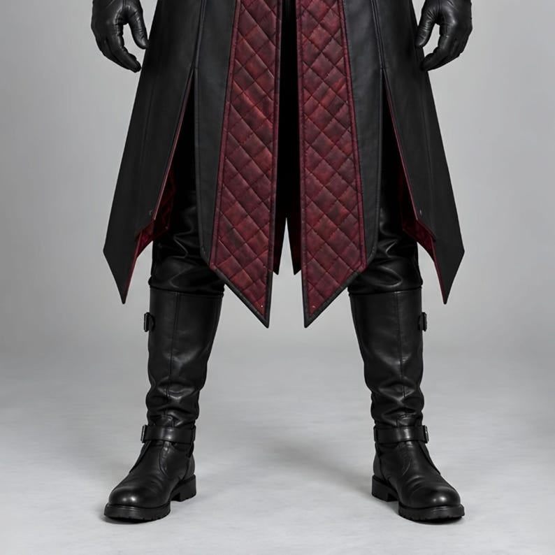 Front and back views of a handmade black and burgundy leather plague doctor costume featuring a long gothic coat, quilted red panels, lace-up chest, buckle closures, waist belt, fur-trimmed shoulders, high collar, split coat tails, matching leather bracers, black gloves, pants, tall boots, wide-brim hat, and classic beak mask with round red lenses. Ideal for Halloween cosplay, gothic steampunk events, Renaissance fairs, LARP, costume parties, stage performances, and dark fantasy looks.