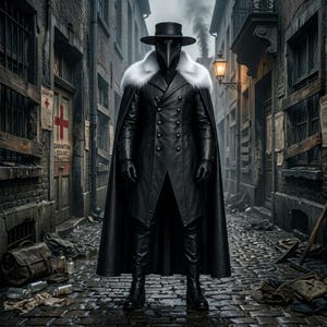 Men’s black leather Plague Doctor costume featuring a long double-breasted gothic coat, white fur shoulder collar, flowing black cape, matching leather pants, gloves, black boots, wide-brim hat, and classic beaked Plague Doctor mask. Full-body medieval dark fantasy outfit shown in an old plague-era street setting, ideal for Halloween cosplay, gothic events, LARP, Renaissance fairs, steampunk costumes, horror conventions, theater, and photoshoots.