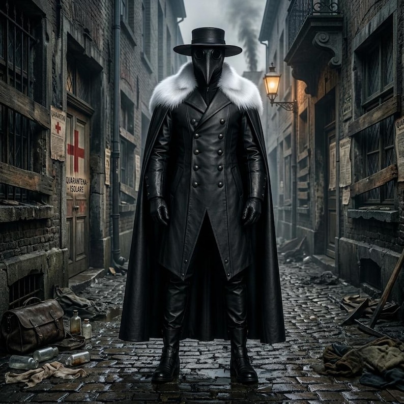 Plague Doctor Costume | Black Leather Coat | Gothic Steampunk Halloween Cosplay Outfit | Medieval Renaissance LARP