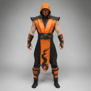 Scorpion Mortal Kombat Cosplay Costume | Men’s Orange Ninja Warrior Outfit | Leather Armor Halloween