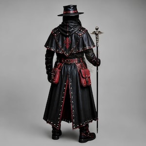 Black leather plague doctor costume coat with gothic and steampunk styling, red leather details, layered shoulder armor, straps, rivets, long sleeves, gloves and matching bracers. Dark fantasy medieval inspired cosplay outfit for Halloween, LARP, Renaissance fairs, photoshoots, festivals and costume parties. Handmade leather outerwear with a dramatic plague doctor aesthetic and customizable fit. Hat, plague doctor mask, bags, staff and accessories are not included and can be ordered separately.!
