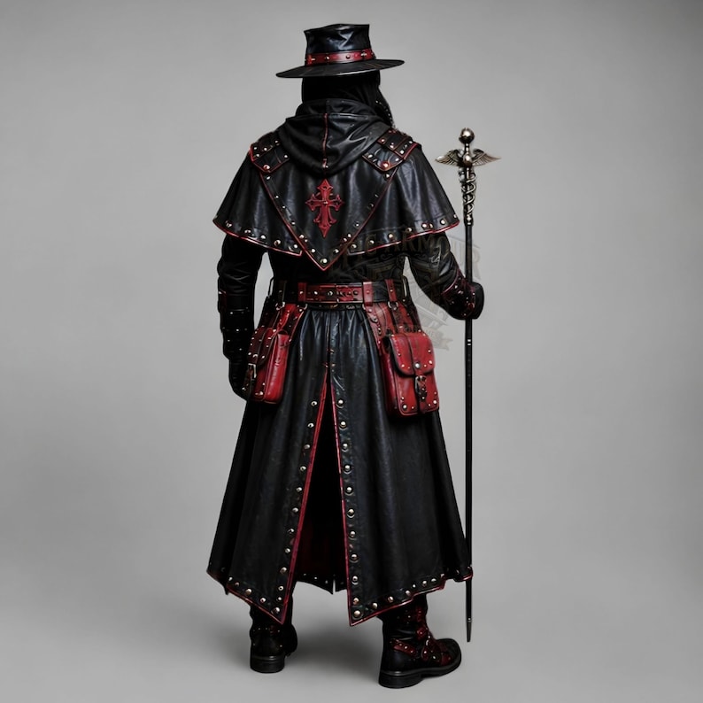 Black leather plague doctor costume coat with gothic and steampunk styling, red leather details, layered shoulder armor, straps, rivets, long sleeves, gloves and matching bracers. Dark fantasy medieval inspired cosplay outfit for Halloween, LARP, Renaissance fairs, photoshoots, festivals and costume parties. Handmade leather outerwear with a dramatic plague doctor aesthetic and customizable fit. Hat, plague doctor mask, bags, staff and accessories are not included and can be ordered separately.!