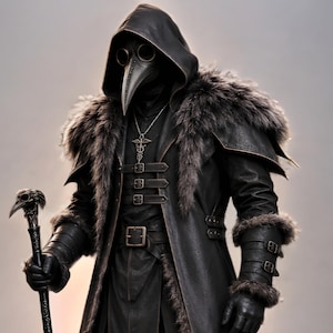 Black leather plague doctor costume with a deep hood, fur-trimmed shoulders, long gothic coat, layered front panels, adjustable leather straps, arm guards, and matching leather leg armor. Dark medieval fantasy outfit with a mysterious plague doctor aesthetic, ideal for Halloween, gothic cosplay, LARP events, horror parties, Renaissance fairs, conventions, theatrical performances, themed photoshoots, and dark fantasy events. Handmade with custom sizing and customization options available.