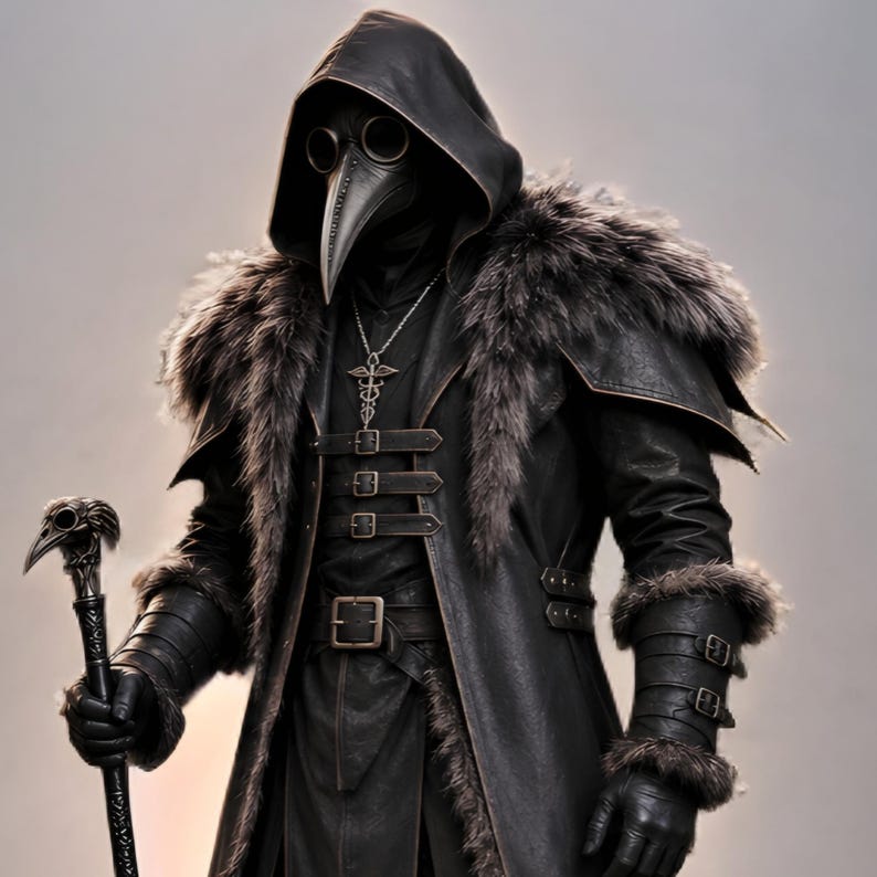 Black leather plague doctor costume with a deep hood, fur-trimmed shoulders, long gothic coat, layered front panels, adjustable leather straps, arm guards, and matching leather leg armor. Dark medieval fantasy outfit with a mysterious plague doctor aesthetic, ideal for Halloween, gothic cosplay, LARP events, horror parties, Renaissance fairs, conventions, theatrical performances, themed photoshoots, and dark fantasy events. Handmade with custom sizing and customization options available.