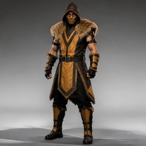 Black leather Viking ninja armor costume with antique gold leather panels, fur-trimmed shoulders, deep hood, adjustable waist belt, layered front armor, matching leather arm bracers, wrist guards and lower leg armor. Handmade medieval fantasy outfit with a rugged warrior-inspired design, suitable for Halloween, LARP, cosplay, Renaissance fairs, conventions, themed parties and fantasy photoshoots. Custom sizing and color options available.