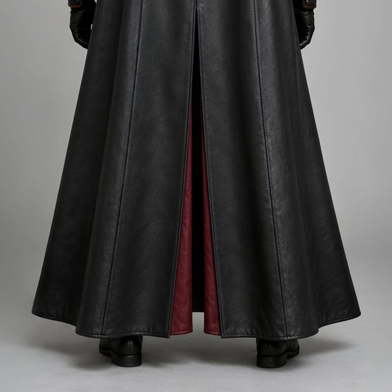 Men’s black and burgundy plague doctor leather costume featuring a long gothic hooded coat, quilted red leather chest panel, fur-trimmed shoulders, lace-up front closure, waist belt, matching leather bracers, gloves, and medieval-style detailing. Front and back views show the full-length dark fantasy coat with red accents, hood, shoulder armor, and flowing silhouette, ideal for Halloween, LARP, gothic cosplay, Renaissance fairs, and medieval fantasy events.