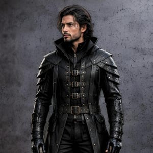 Black leather hooded warrior armor coat, dark gothic medieval fantasy outfit. Long silhouette with layered shoulder panels, attached hood, adjustable front buckles, detailed forearm sections, and full-length design. Genuine black leather, handmade, solid black color. Perfect for LARP, Renaissance fairs, Halloween cosplay, medieval festivals, photoshoots, stage performances, and themed events. Unisex medieval inspired warrior armor coat with strong tactical and fantasy warrior look.