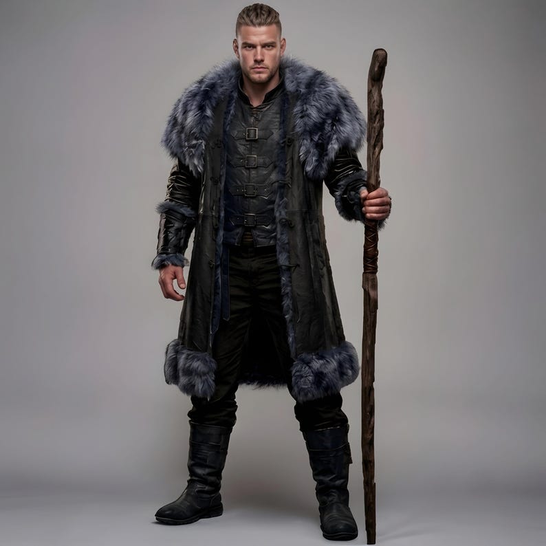 Viking Leather Fur Coat | Black Medieval Norse Jacket | Halloween Costume | LARP Cosplay | Fantasy Outfit