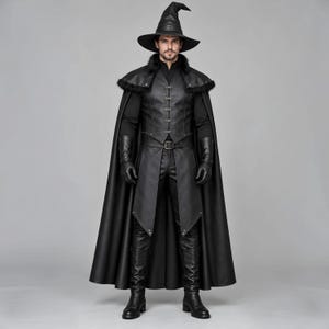 Front view of a man in a black leather wizard costume against a gray studio background. He wears a tall pointed hat, a fitted vest with silver clasps, and a long cloak with black fur trim around the collar and shoulders. Small silver rivets line the shoulder capelet and leather bracers. A buckle belt holds two long pointed waist panels over black trousers. Black gloves and tall boots complete the styling. The model faces forward with his arms relaxed, displaying the full outfit from head to toe.