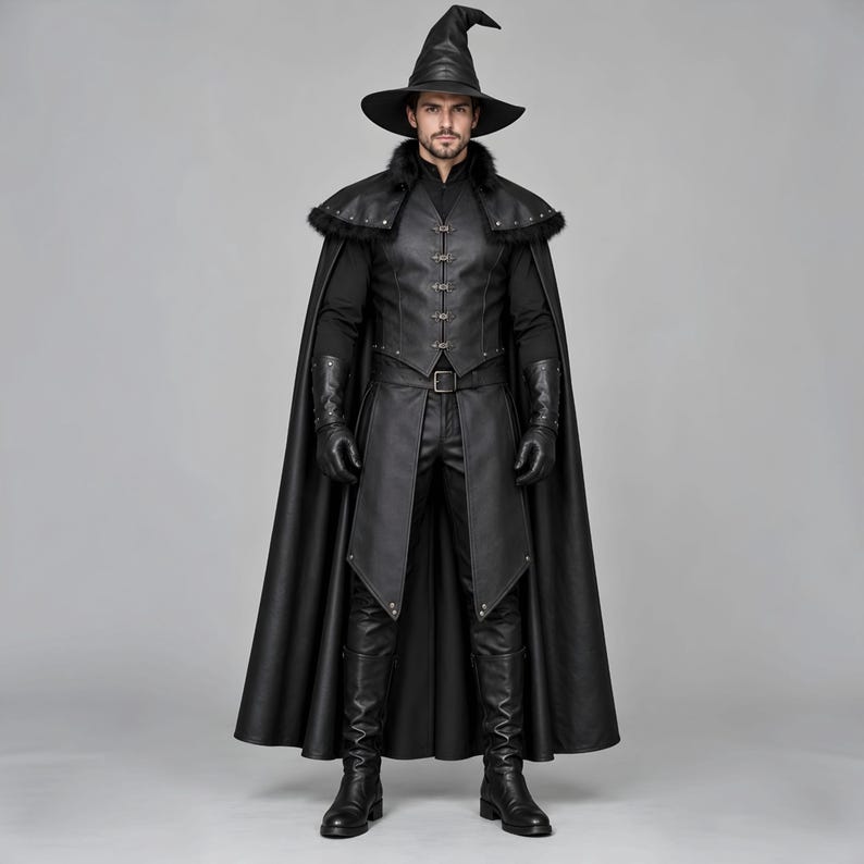 Men’s Black Leather Wizard Costume | Gothic Halloween Outfit With Long Cloak and Fur Trim