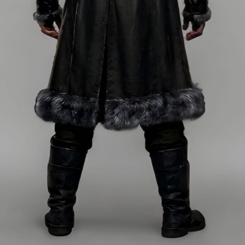 Black leather Viking armor costume with a long fur-trimmed medieval coat, sleeveless inner armor vest, layered leather panels, wide waist belt, fur-trimmed shoulders, long sleeves, adjustable straps, and matching leather leg armor. Rugged Norse-inspired outfit for men, ideal for Halloween, Viking cosplay, LARP, Renaissance fairs, medieval festivals, fantasy conventions, winter events, themed parties, and photoshoots. Handmade with custom sizing and customization options.