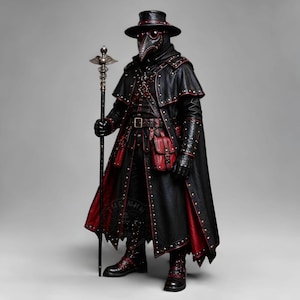 Black leather plague doctor costume coat with red leather detailing, layered shoulder armor, decorative rivets, straps, long sleeves, matching leather gloves and bracers. Gothic dark fantasy and steampunk inspired outfit for Halloween, cosplay, LARP, Renaissance fairs, festivals, photoshoots and costume parties. Handmade leather plague doctor outfit with customizable sizing. Hat, mask, bags, staff and other accessories are not included.