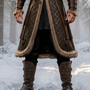 Brown leather Viking fur coat with a long medieval design, wide waist belt, layered leather panels, fur-trimmed collar, front edges and cuffs, and matching leather leg armor. Rugged Norse-inspired cosplay outfit for men, suitable for Halloween, LARP events, Viking cosplay, Renaissance fairs, medieval festivals, fantasy conventions, themed parties and photoshoots. Handmade with custom sizing and design options available.