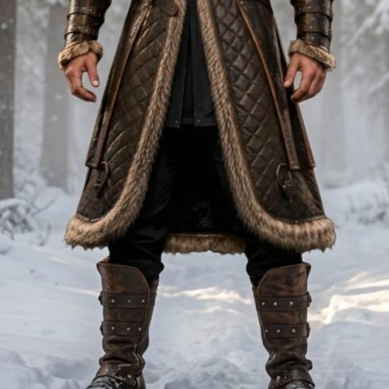 Brown leather Viking fur coat with a long medieval design, wide waist belt, layered leather panels, fur-trimmed collar, front edges and cuffs, and matching leather leg armor. Rugged Norse-inspired cosplay outfit for men, suitable for Halloween, LARP events, Viking cosplay, Renaissance fairs, medieval festivals, fantasy conventions, themed parties and photoshoots. Handmade with custom sizing and design options available.