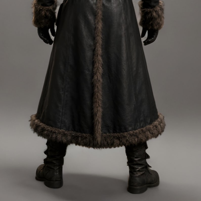 Black leather plague doctor coat with a dramatic fur-trimmed hood, shoulders, cuffs, front edges, and hem. Long medieval-inspired silhouette with lace-up front, wide adjustable leather belt, fitted sleeves, and dark gothic styling. Ideal for plague doctor cosplay, Halloween costume, LARP, Renaissance fairs, medieval festivals, fantasy events, gothic photoshoots, theatrical performances, and themed parties. Handmade leather costume coat with custom sizing available for a personalized fit.