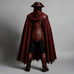 Men's leather pirate costume in dark red and black, featuring a detailed leather vest, layered shoulder armor, arm bracers, leg armor, and flowing cape. Handmade pirate cosplay outfit for Halloween, LARP, Renaissance fairs, medieval fantasy events, themed parties, festivals, conventions, stage performances, and photoshoots. Custom sizing, colors, length, and design options available. Dark fantasy pirate captain costume with wearable leather armor and handcrafted details.