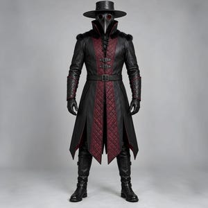 Front and back views of a handmade black and burgundy leather plague doctor costume featuring a long gothic coat, quilted red panels, lace-up chest, buckle closures, waist belt, fur-trimmed shoulders, high collar, split coat tails, matching leather bracers, black gloves, pants, tall boots, wide-brim hat, and classic beak mask with round red lenses. Ideal for Halloween cosplay, gothic steampunk events, Renaissance fairs, LARP, costume parties, stage performances, and dark fantasy looks.