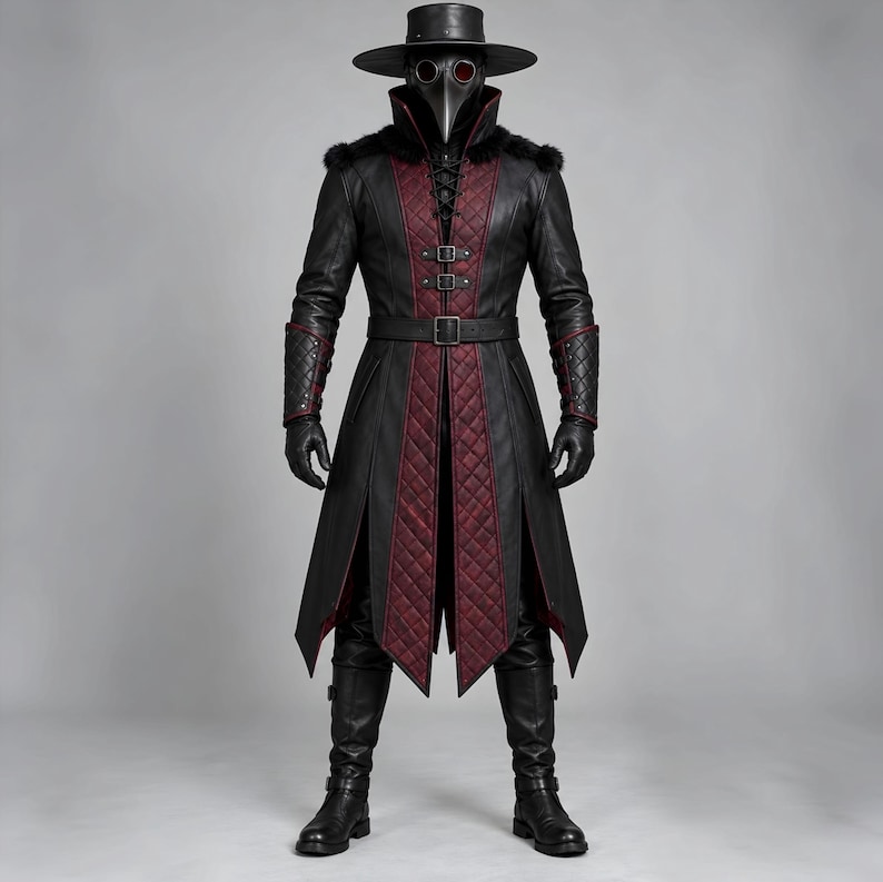 Handmade Gothic Plague Doctor Leather Costume | Black Red Quilted Halloween Cosplay | Steampunk Renaissance LARP