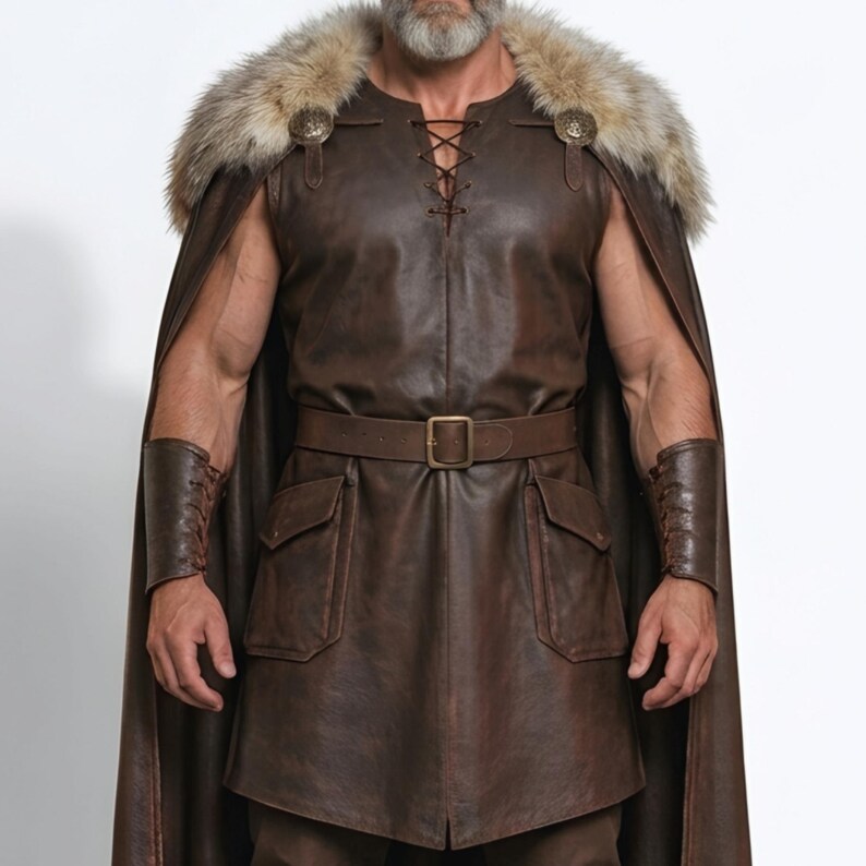 Men’s brown Viking leather tunic with a full-length matching cloak, large light fur shoulder collar, lace-up neckline, wide leather belt, front utility pockets, and matching leather forearm bracers. Front and back views show the sleeveless Norse warrior tunic and long flowing fur-trimmed cloak. Ideal for Viking cosplay, medieval LARP, Renaissance fairs, Halloween, fantasy conventions, stage costumes, and Norse warrior events.
