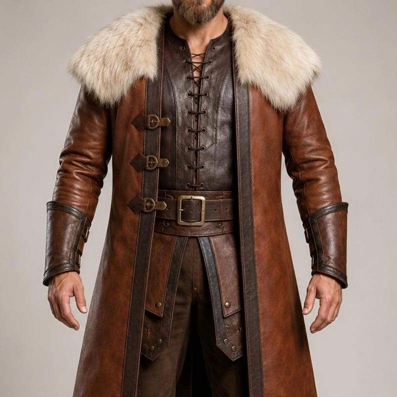 Front and back views of a handmade men’s brown leather Viking coat costume featuring a long medieval warrior design, wide cream fur shoulder collar, lace-up front, metal buckle closures, waist belt, dark leather trim, fitted sleeves, wrist guards, split coat hem, matching brown trousers, and tall leather boots. Rustic fantasy outfit inspired by Norse styles, ideal for Viking cosplay, Renaissance fairs, LARP events, Halloween costumes, stage performances, themed parties, and fantasy photoshoots.