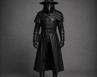May include: A black plague doctor costume featuring a wide-brimmed hat, a bird-like beak mask, and a long coat with a shoulder capelet. The outfit includes buckled straps, layered feather-like shoulder details, matching gloves, and tall boots.