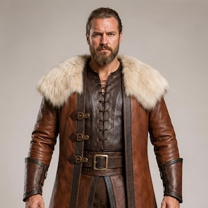 Front and back views of a handmade men’s brown leather Viking coat costume featuring a long medieval warrior design, wide cream fur shoulder collar, lace-up front, metal buckle closures, waist belt, dark leather trim, fitted sleeves, wrist guards, split coat hem, matching brown trousers, and tall leather boots. Rustic fantasy outfit inspired by Norse styles, ideal for Viking cosplay, Renaissance fairs, LARP events, Halloween costumes, stage performances, themed parties, and fantasy photoshoots.