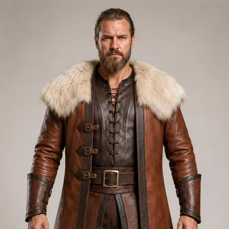 Front and back views of a handmade men’s brown leather Viking coat costume featuring a long medieval warrior design, wide cream fur shoulder collar, lace-up front, metal buckle closures, waist belt, dark leather trim, fitted sleeves, wrist guards, split coat hem, matching brown trousers, and tall leather boots. Rustic fantasy outfit inspired by Norse styles, ideal for Viking cosplay, Renaissance fairs, LARP events, Halloween costumes, stage performances, themed parties, and fantasy photoshoots.