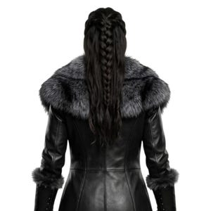 Women’s black Viking leather fur coat costume featuring a dramatic fur-trimmed collar, fitted lace-up front, long sleeves, structured cuffs, and a long medieval warrior silhouette. Handmade Shieldmaiden-inspired outfit for Halloween, Viking cosplay, LARP events, Renaissance fairs, medieval festivals, fantasy conventions, Gothic parties, winter events, stage performances, themed photoshoots, and Norse warrior looks. Custom sizing, color options, and made-to-order craftsmanship available for you.