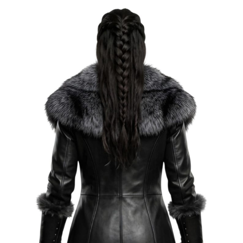 Women’s black Viking leather fur coat costume featuring a dramatic fur-trimmed collar, fitted lace-up front, long sleeves, structured cuffs, and a long medieval warrior silhouette. Handmade Shieldmaiden-inspired outfit for Halloween, Viking cosplay, LARP events, Renaissance fairs, medieval festivals, fantasy conventions, Gothic parties, winter events, stage performances, themed photoshoots, and Norse warrior looks. Custom sizing, color options, and made-to-order craftsmanship available for you.