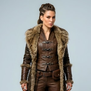 Women’s brown Viking leather fur coat costume featuring a dramatic fur-trimmed collar, long medieval warrior silhouette, fitted waist, front metal closures, leather belt, matching pants, wrist guards, and lace-up boots. Handmade Shieldmaiden-inspired outfit for Halloween, Viking cosplay, LARP events, Renaissance fairs, medieval festivals, fantasy conventions, Norse-themed parties, winter events, stage performances, warrior photoshoots, and custom made-to-measure costume styling for cosplay fans