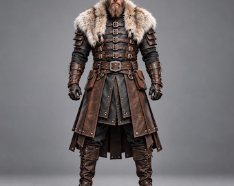 Renaissance Viking Leather Armor | Brown Norse Warrior Costume Faux Fur | Medieval Halloween LARP Outfit
