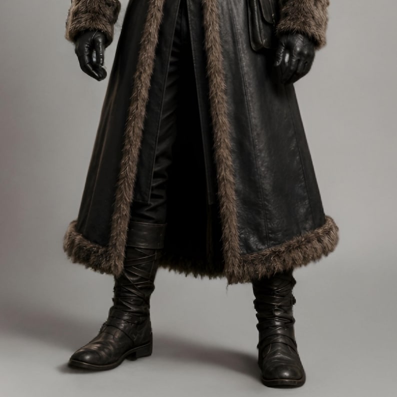 Black leather plague doctor coat with a dramatic fur-trimmed hood, shoulders, cuffs, front edges, and hem. Long medieval-inspired silhouette with lace-up front, wide adjustable leather belt, fitted sleeves, and dark gothic styling. Ideal for plague doctor cosplay, Halloween costume, LARP, Renaissance fairs, medieval festivals, fantasy events, gothic photoshoots, theatrical performances, and themed parties. Handmade leather costume coat with custom sizing available for a personalized fit.