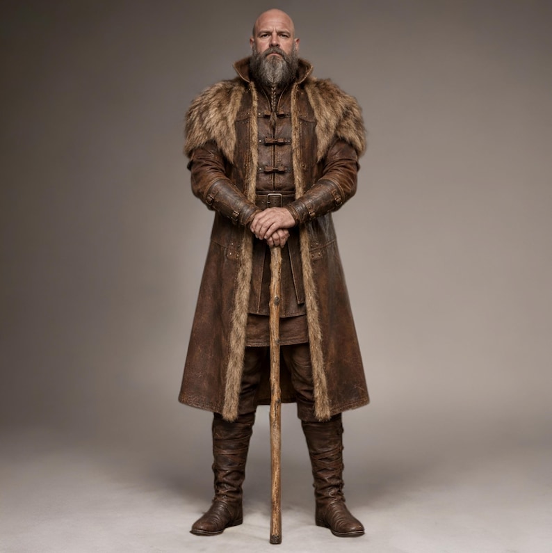 Viking Warrior Costume | Halloween Mens Brown Leather Fur Coat | Renaissance Medieval Norse LARP Cosplay