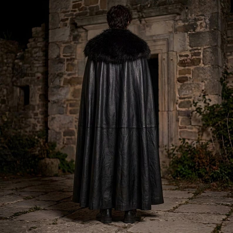 Men’s red and black Gothic vampire leather coat featuring a high standing collar, black fur-trimmed shoulders, double-breasted button detailing, wide waist belt, cross-body leather strap, long sleeves, and a dramatic floor-length silhouette. The dark Victorian-inspired design creates a Vampire Lord look ideal for Halloween, gothic cosplay, LARP, Renaissance fairs, masquerade events, fantasy conventions, stage performances, costume parties, and themed photoshoots.