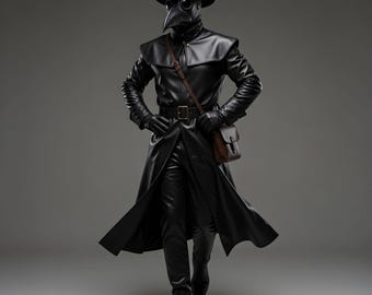 Handmade Doctor Plague Genuine Black Leather Trench Coat Cosplay Costume with Pant