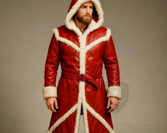 Men Red Leather Santa Coat with Fur Trim Hooded Long Winter Jacket | Christmas Outfit