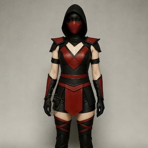 Puede incluir: Un disfraz de cosplay negro y rojo con una máscara con capucha, armadura para los hombros y un body a juego. El disfraz incluye protectores de brazos, guantes y detalles en las piernas. El diseño incorpora un cuello en V y una falda.