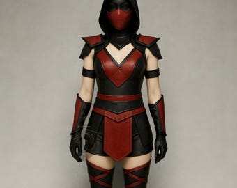 Fantasia de couro para meninas do Mortal Kombat | Traje de cosplay com capuz vermelho e preto | Halloween feminino