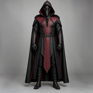 Men’s black and burgundy plague doctor leather costume featuring a long gothic hooded coat, quilted red leather chest panel, fur-trimmed shoulders, lace-up front closure, waist belt, matching leather bracers, gloves, and medieval-style detailing. Front and back views show the full-length dark fantasy coat with red accents, hood, shoulder armor, and flowing silhouette, ideal for Halloween, LARP, gothic cosplay, Renaissance fairs, and medieval fantasy events.