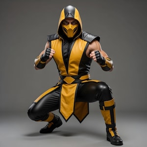 Puede incluir: Una persona con un disfraz amarillo y negro, en cuclillas con los puños cerrados. El disfraz incluye una máscara con capucha, hombreras y una pieza para el pecho. El atuendo se completa con pantalones, botas y muñequeras negras. El tema es de artes marciales o superhéroe.