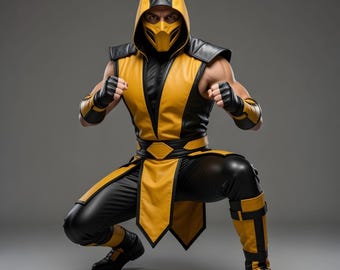 May include: A person in a yellow and black costume, crouching with fists clenched. The costume includes a hooded mask, shoulder pads, and a chest piece. The outfit is completed with black pants, boots, and wrist guards. The overall aesthetic suggests a martial arts or superhero theme.