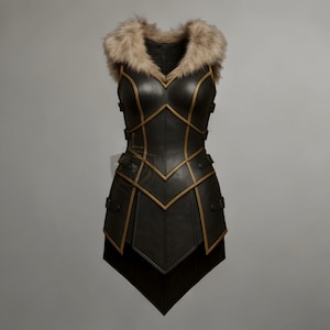Viking Leather Armor Dress | Fantasy Warrior Costume | Fur Collar Battle Outfit | Medieval Cosplay | LARP | Renaissance Festival for Women&#39;