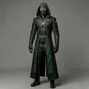 Könnte beinhalten: Ein schwarz-grünes Kostüm mit Kapuze und Maske. Das Kostüm zeigt das Logo der Philadelphia Eagles und das Wort "Eagles" auf dem Gürtel. Das Outfit umfasst einen langen Mantel, Handschuhe und Stiefel.