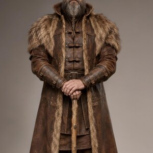 Full-length studio portrait of a rugged Viking warrior standing against a soft gray background. He wears a long brown leather coat with a wide fur-trimmed collar and fur edging down the front, layered over a matching leather tunic with toggle closures. Leather bracers, fitted pants, and tall wrapped boots complete the look. The bald, bearded man stands firmly with both hands resting on a wooden staff, creating a bold medieval Norse costume appearance.