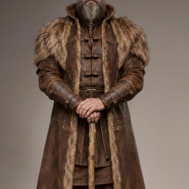 Full-length studio portrait of a rugged Viking warrior standing against a soft gray background. He wears a long brown leather coat with a wide fur-trimmed collar and fur edging down the front, layered over a matching leather tunic with toggle closures. Leather bracers, fitted pants, and tall wrapped boots complete the look. The bald, bearded man stands firmly with both hands resting on a wooden staff, creating a bold medieval Norse costume appearance.