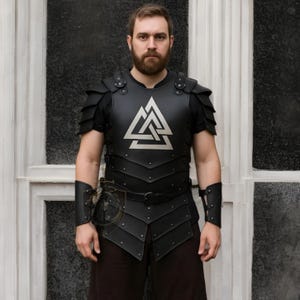 Men’s Valknut Leather Armor | Black Norse Viking Chest Plate LARP Cosplay Medieval Costume | Renaissance Festival | Roleplay Halloween Armor