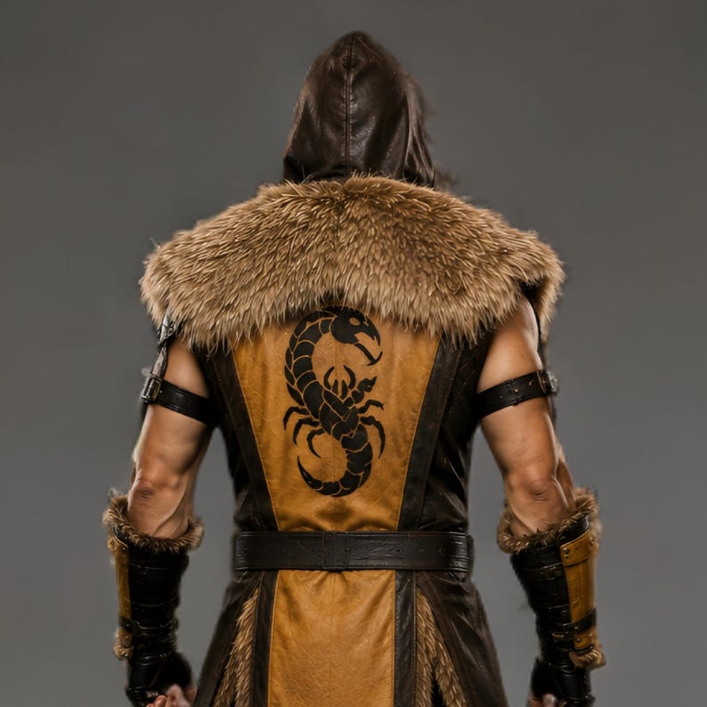 Black leather Viking ninja armor costume with antique gold leather panels, fur-trimmed shoulders, deep hood, adjustable waist belt, layered front armor, matching leather arm bracers, wrist guards and lower leg armor. Handmade medieval fantasy outfit with a rugged warrior-inspired design, suitable for Halloween, LARP, cosplay, Renaissance fairs, conventions, themed parties and fantasy photoshoots. Custom sizing and color options available.